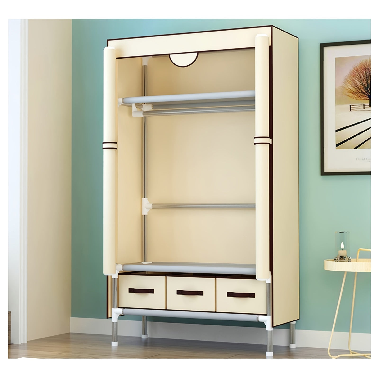 Portable Clothes Closet Rolling Door Wardrobe With Hanging Rack & 3 Drawers