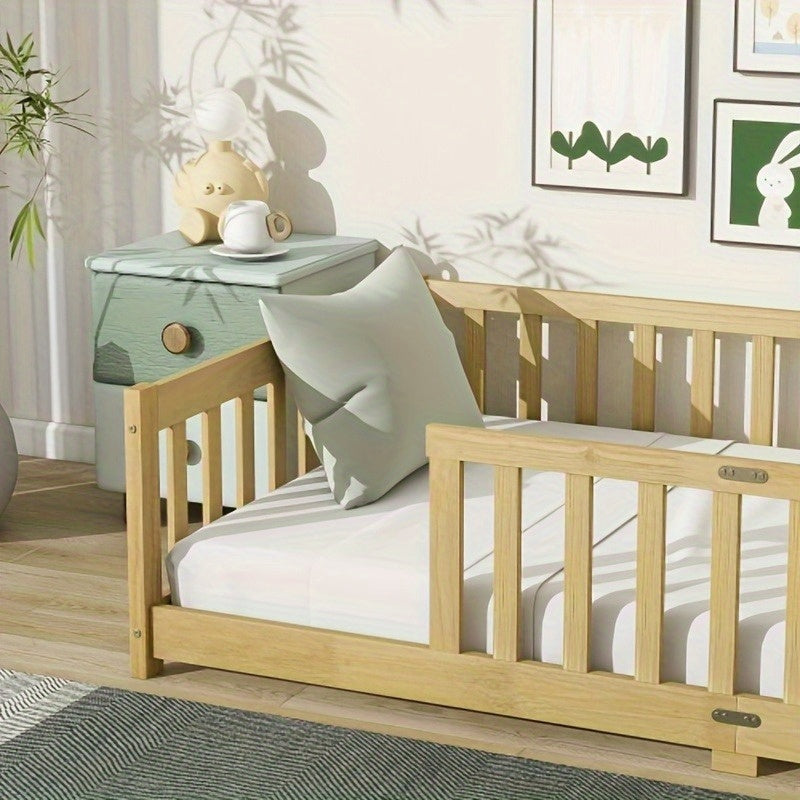 Twin Size Floor Bed with Fence Without Door, Rubber Wood Floor Bed with Safety Guardrails, 2 Colors