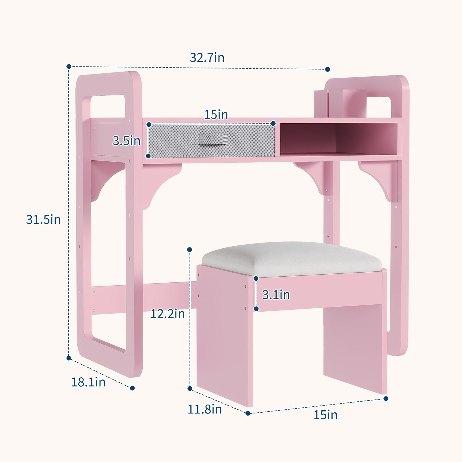 2pcs Pink Adjustable Wooden Study Table and Chair Set with Bookshelf, Cloth Drawer