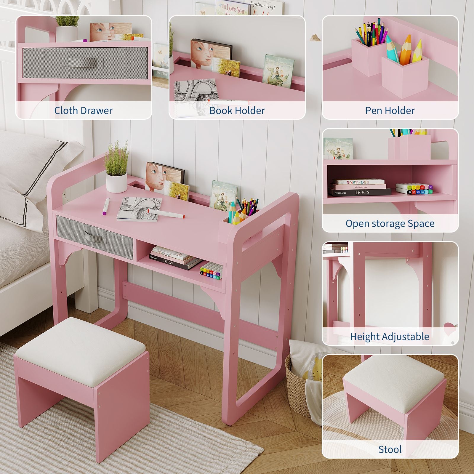 2pcs Pink Adjustable Wooden Study Table and Chair Set with Bookshelf, Cloth Drawer