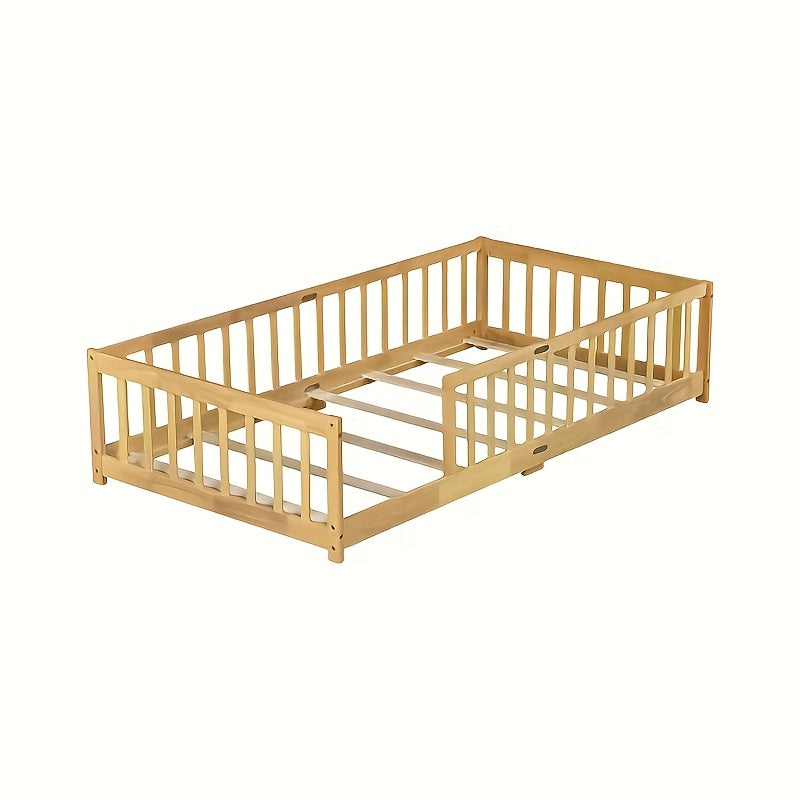 Twin Size Floor Bed with Fence Without Door, Rubber Wood Floor Bed with Safety Guardrails, 2 Colors